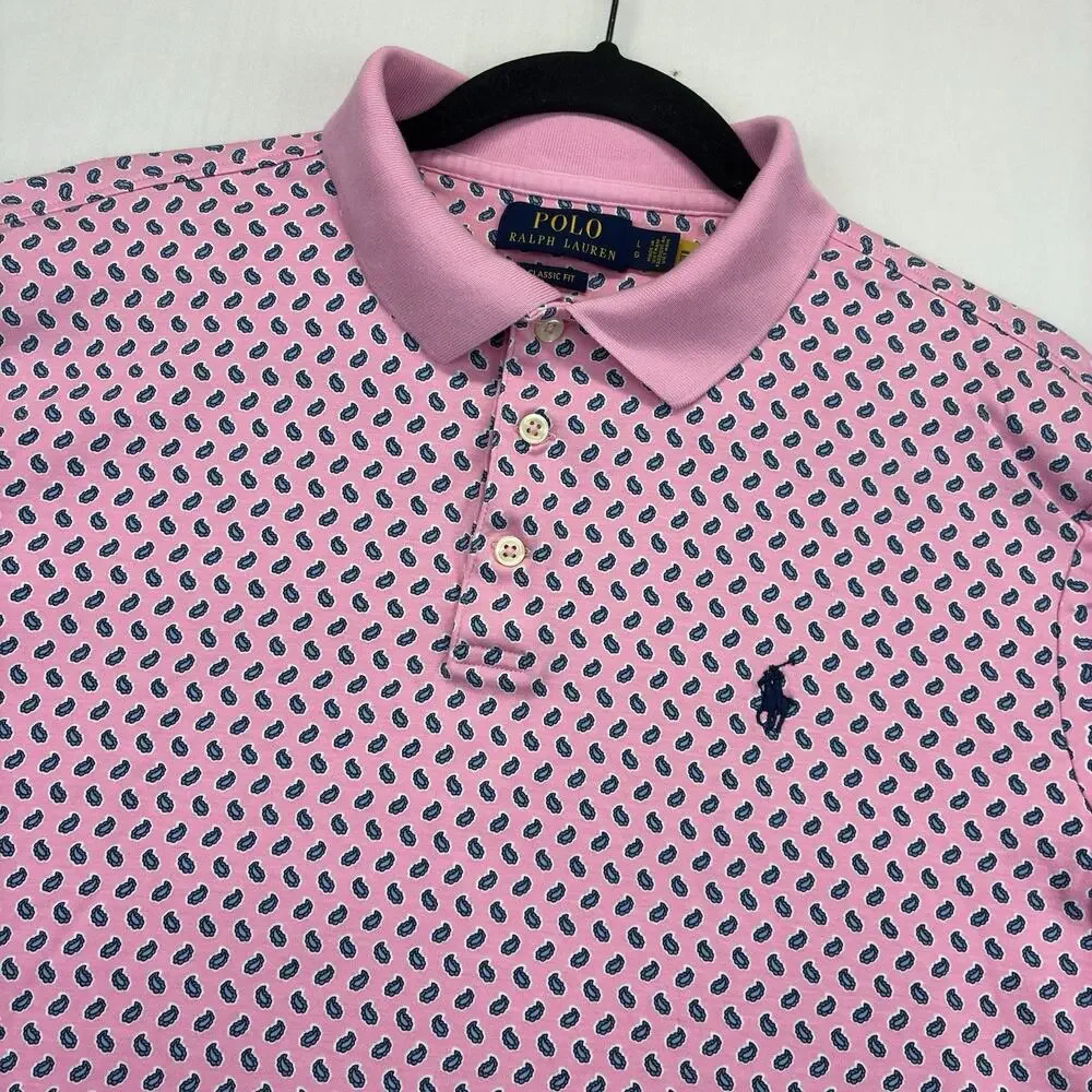 Polo Ralph Lauren Polo Shirt Men Large Pink Paisley Pony Logo Classic Fit Cotton